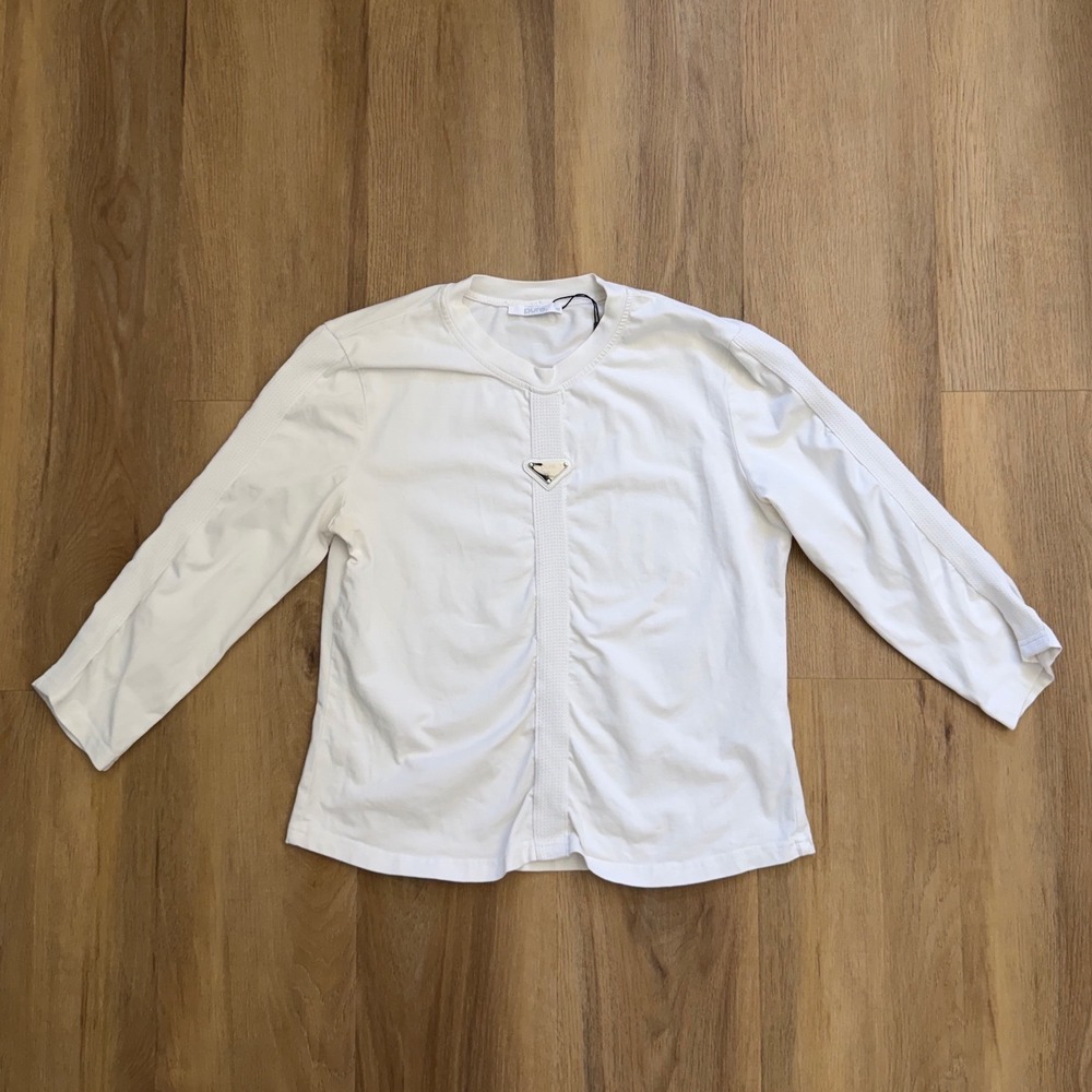 Pure White Long Sleeve Top Metal Triangle Logo Plaque 42 Cotton Blend luxury